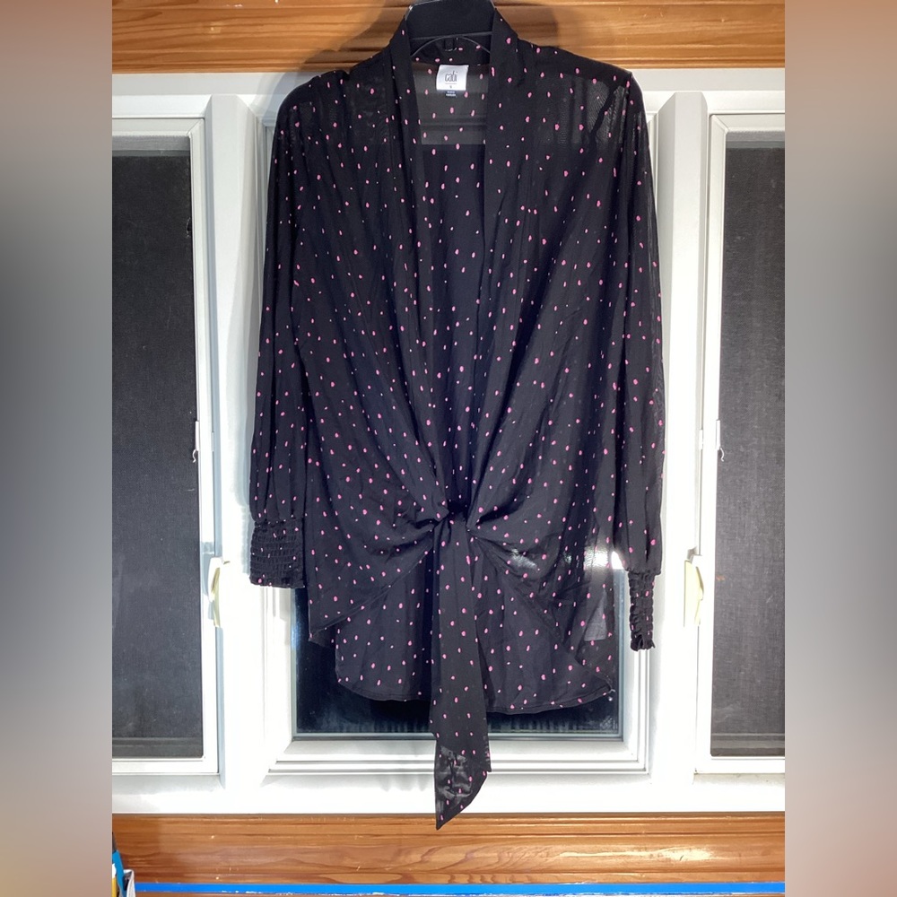 Cabi Black and Pink Polka Dot Front Tie Shirt Size Small